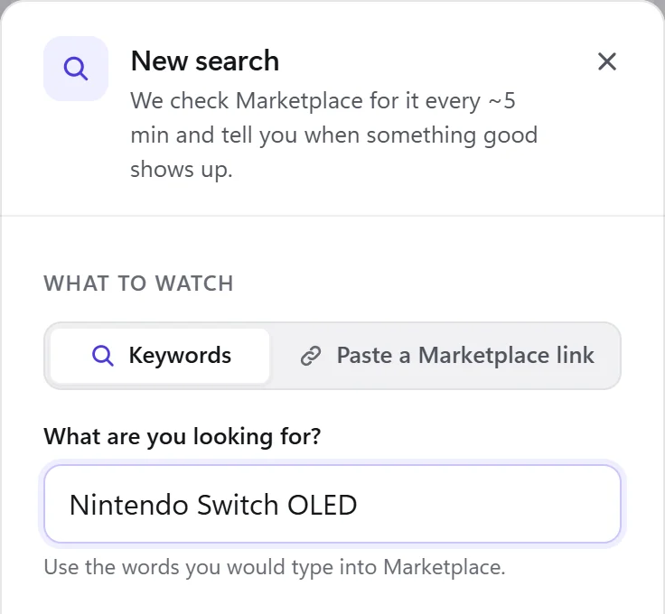 The New search form in the app, with Nintendo Switch OLED typed in as the keywords.