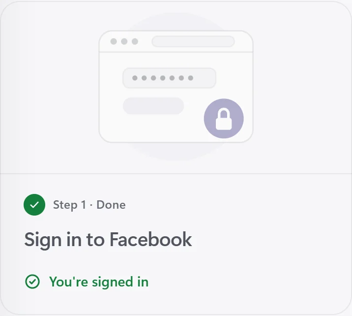 Setup step one in the app: Sign in to Facebook, marked done, with the note You're signed in.